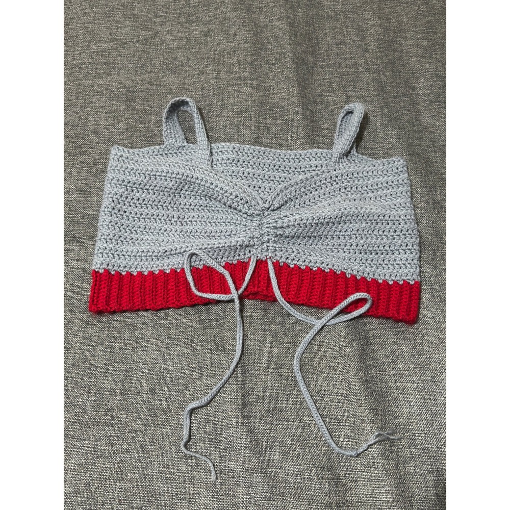 Unbranded Womens Small Crochet Crop Top Gray Red Cami Ruched Back Tie